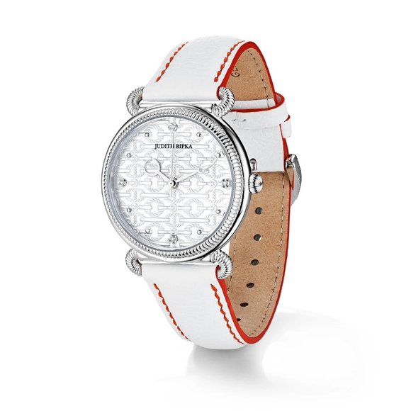 Judith Ripka, Vienna Watch, Sterling Silver with Diamonds & White Leather